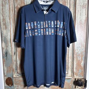 Straight Down Performance Tiki Statues Blue Golf Polo Men's Medium
